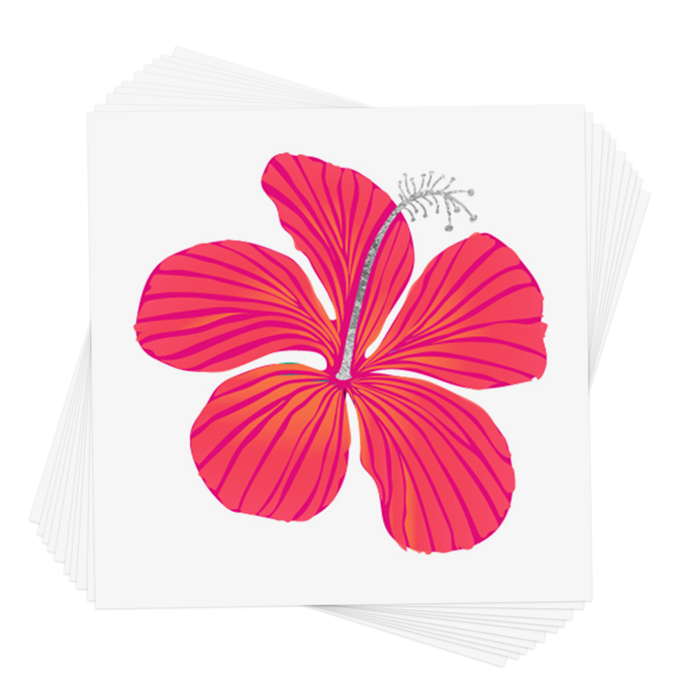 Temporary tattoo of a hot pink hibiscus flower  with metallic silver