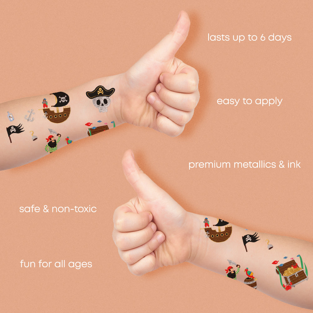 Fun Tats by Flash Tattoos Pirate kids tattoo set lasts up to 6 days.