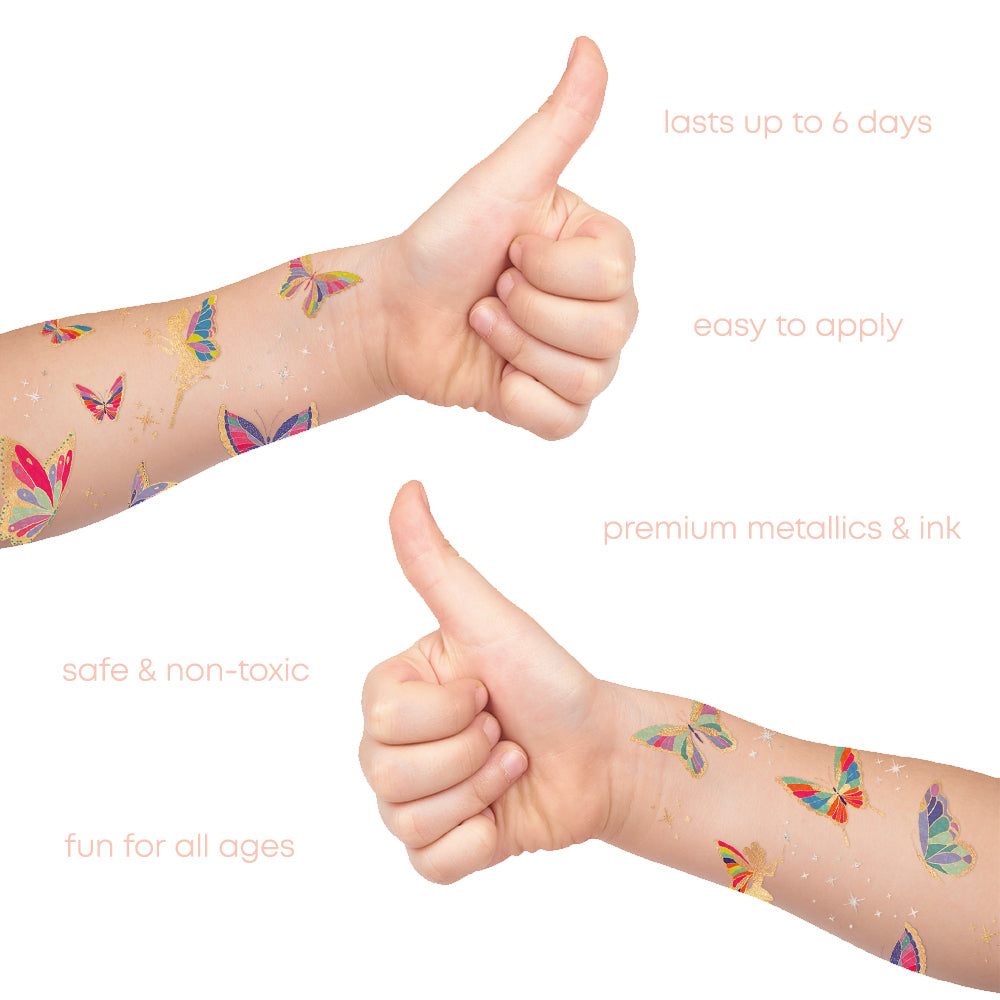 Fun Tats Butterfly Garden tattoo sheets are made from premium metallics and ink, are safe and non toxic, last up to six days. Fun for all ages! @FlashTattoos
