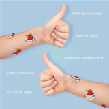 Kids bookworm Fun Tats temporary tattoos last up to 6 days, are easy to apply and made with safe non-toxic premium ink. Fun for all ages!