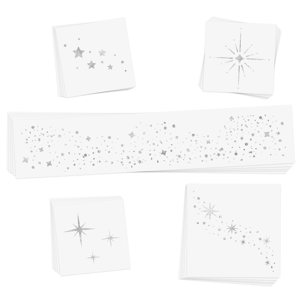Adorn your cheeks in metallic sparkle with the Starlight Variety set featuring 25 assorted silver temporary face tattoos! @FlashTattoos