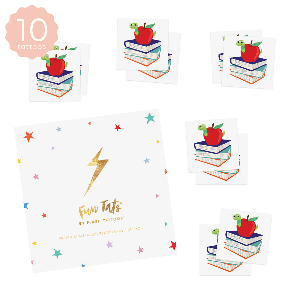 Set of 10 individual metallic temporary bookworm tattoos by Fun Tats