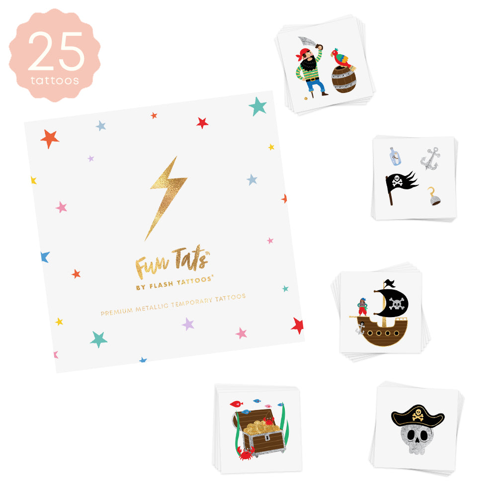 Fun Tats by Flash Tattoos Pirate set includes 25 tattoos in 5 assorted designs.