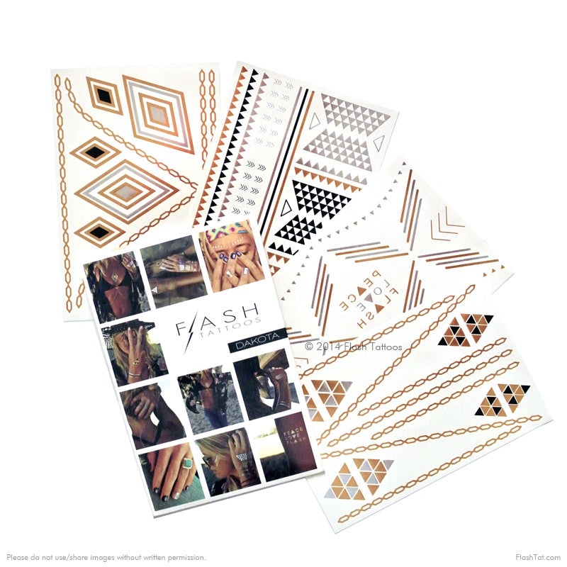 Flash your festive side with the Dakota collection. Four sheets with over 43 bold metallic gold, silver and black temporary tattoos!
