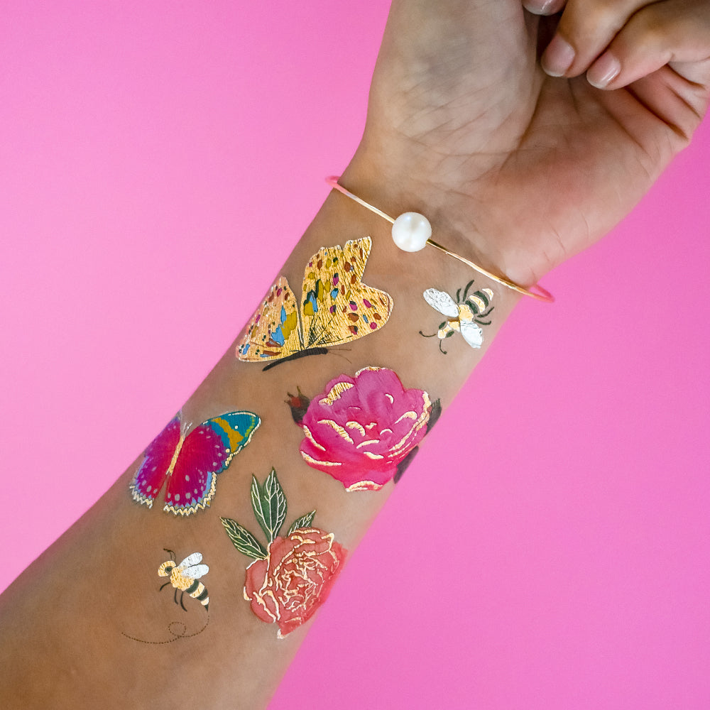Butterfly Buzz Variety Set' 25 assorted metallic temporary flower, butterfly and bee tattoos