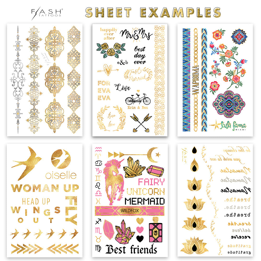 Custom metallic tattoo sheet examples. Metallic temporary custom Flash Tattoos pack