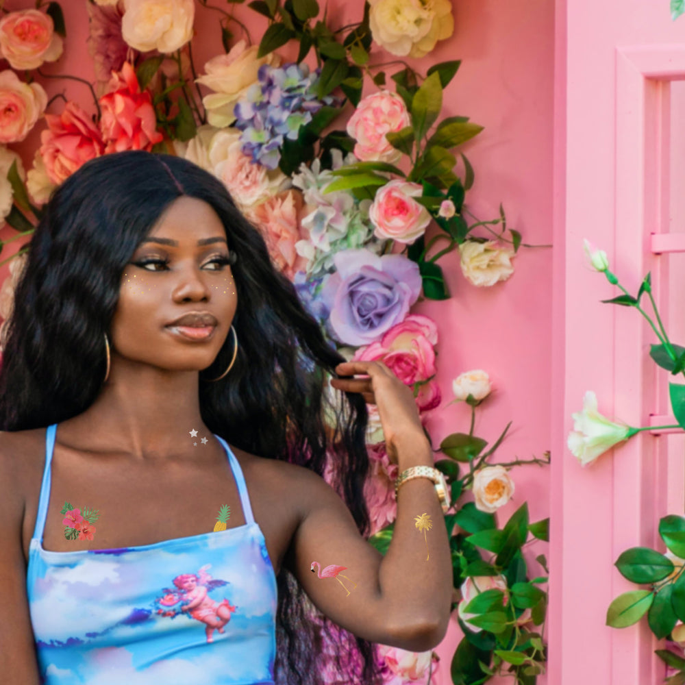 Summer Lovin' temporary tattoo Variety Set' - flamingo, pineapple, hibiscus flower, starry freckles, gold palm tree. #FLASHTAT @flashtattoos