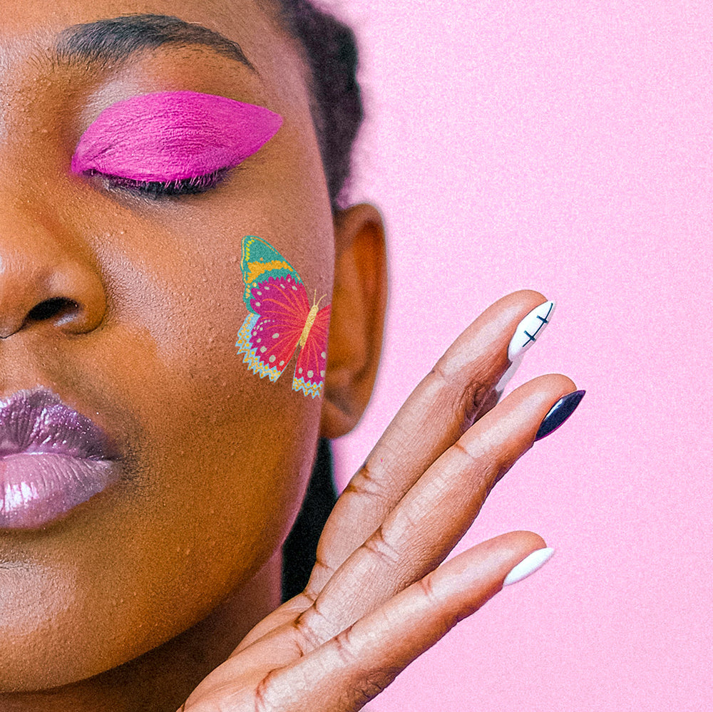 Colorful pink, blue and metallic silver butterfly temporary tattoo