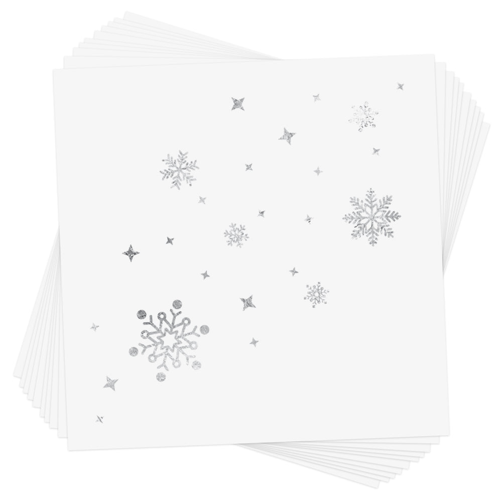 The Snow Shimmer tattoo set includes 10 pre-cut metallic holiday Flash Tattoos. The perfect holiday sparkle for any celebration! Snow shimmer metallic temporary tattoo.
