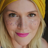 Get festival ready with colorful metallic 'RAINBOW CONFETTI FRECKLES' temporary Flash Tattoos. Shine bright while you dance the night away! @FlashTattoo