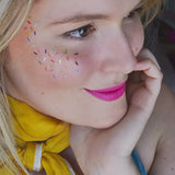 RAINBOW SPRINKLES EYE JEWEL' add colorful festive sparkle and shine to any occasion! Metallic temporary rainbow tattoo