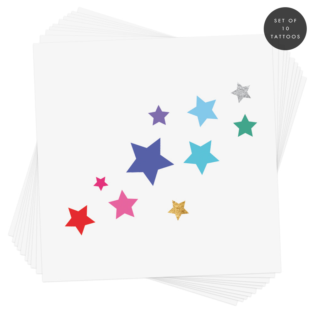 Set of 10 'RAINBOW DELIGHT STARS' metallic rainbow face temporary tattoos.