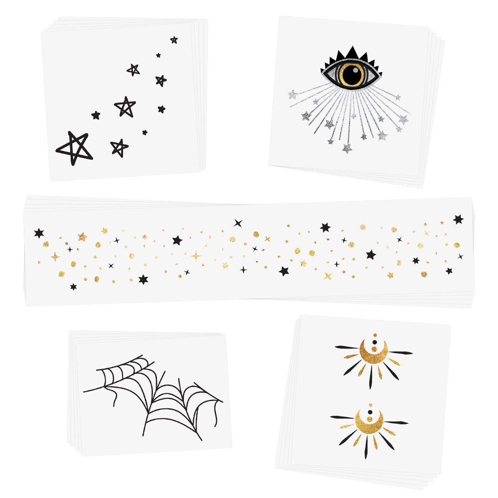 The Resting Witch Face variety set features 25 Halloween inspired temporary tattoos - spider web face jewel, moon beams, third eye, starry eye jewel and starry freckles.