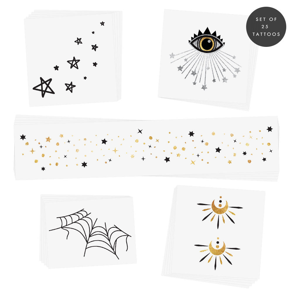 The Resting Witch Face Halloween inspired temporary tattoos - spider web face jewel, moon beams, third eye, starry eye jewel and starry freckles.