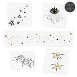 The Resting Witch Face Halloween inspired temporary tattoos - spider web face jewel, moon beams, third eye, starry eye jewel and starry freckles.