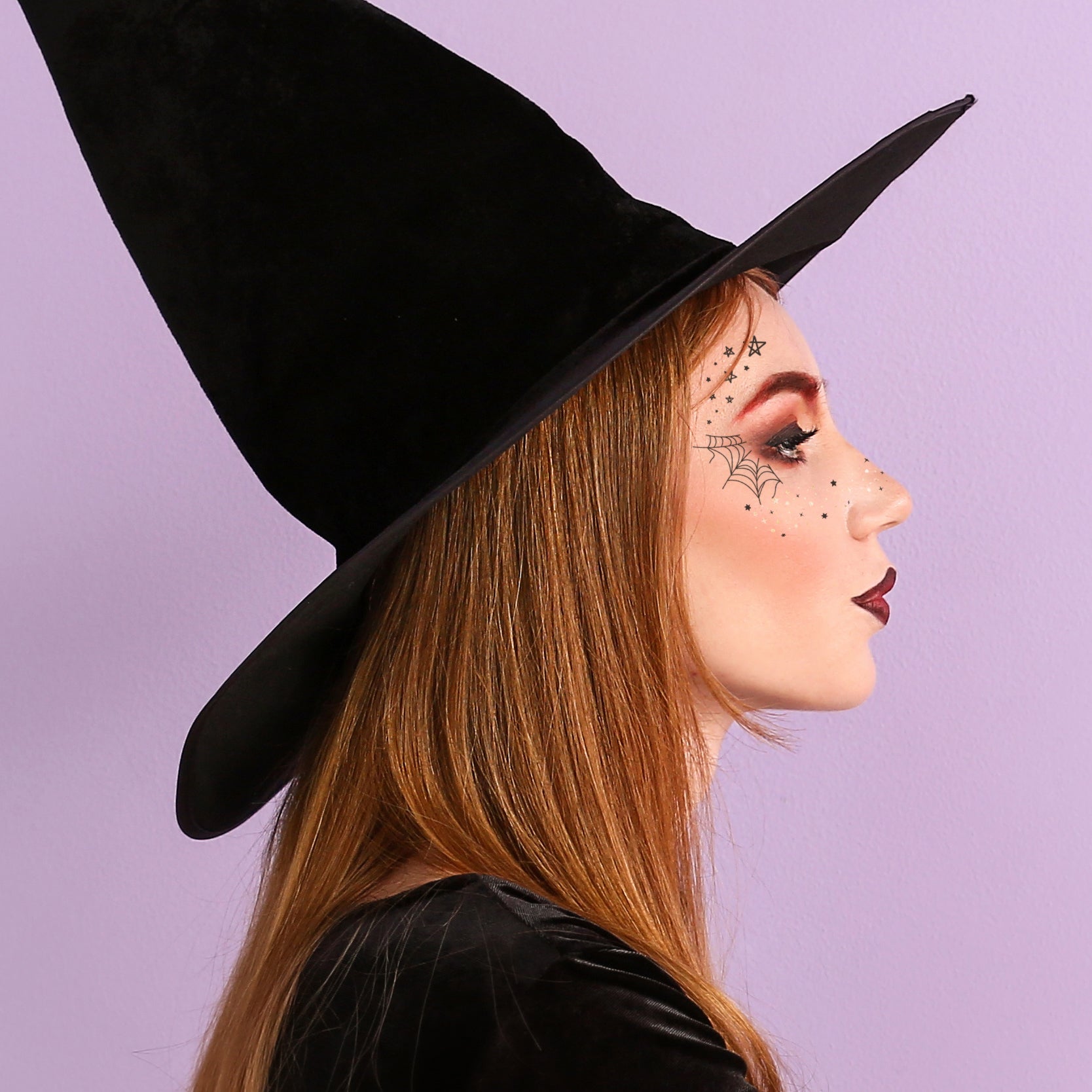 Adorn your cheeks in the Resting Witch Face temporary tattoo set from Flash Tattoos. The ultimate spooky sparkle!