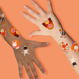 The Spooky Animals variety set features 25 assorted kids Halloween temporary tattoos in five festive designs: vampire lion, unicorn pumpkin, mummy cat, skeleton monkey and devil sloth.
