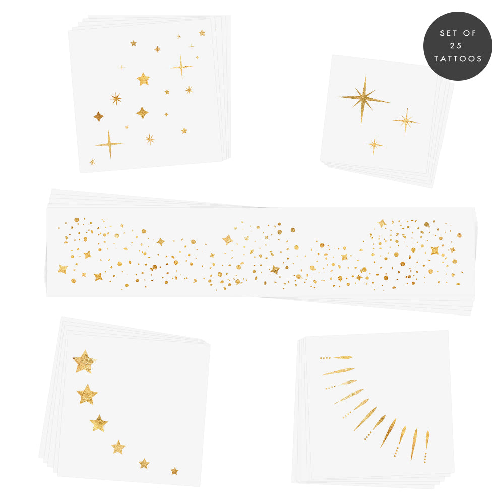 Twinkling Lights variety set of 25 assorted metallic gold face temporary tattoos. @FlashTattoos
