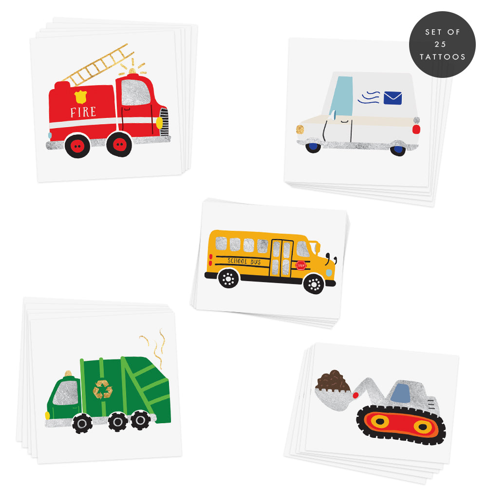 Set of 25 kids temporary tattoos: firetruck, mailman, school bus, garbage truck, digger