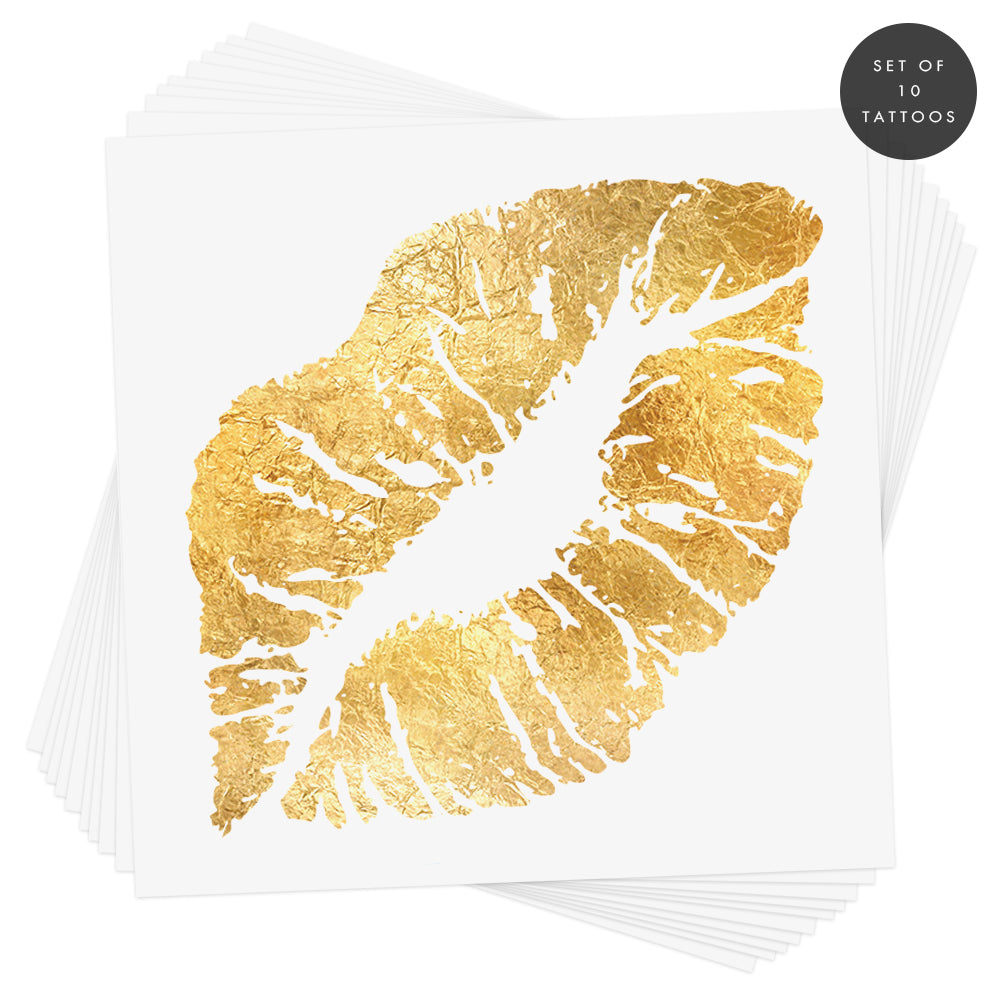 Golden Kiss set of ten metallic lip print tattoos.