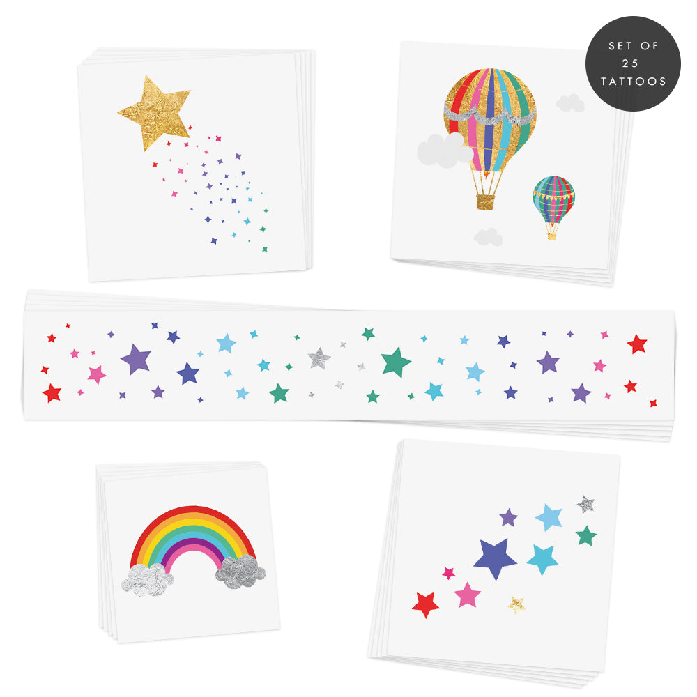 Rainbow Dreamer Variety Set of 25 assorted kids magical rainbow inspired metallic temporary tattoos!