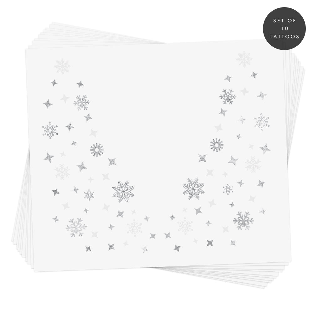 Snowflake Eye Jewel set of ten individual metallic silver and white winter snowflake kids tattoos @FlashTattoos #FLASHTAT