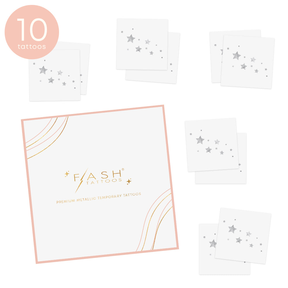 Flash Tattoo packaging showing it comes with 10 cards with an array of metallic silver star temporary tattoos in different sizes