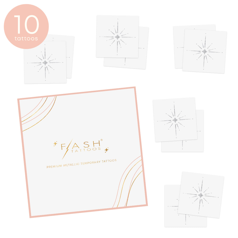Flash Tattoo packaging that shows this purchase includes 10 temporary tattoos of metallic silver stars