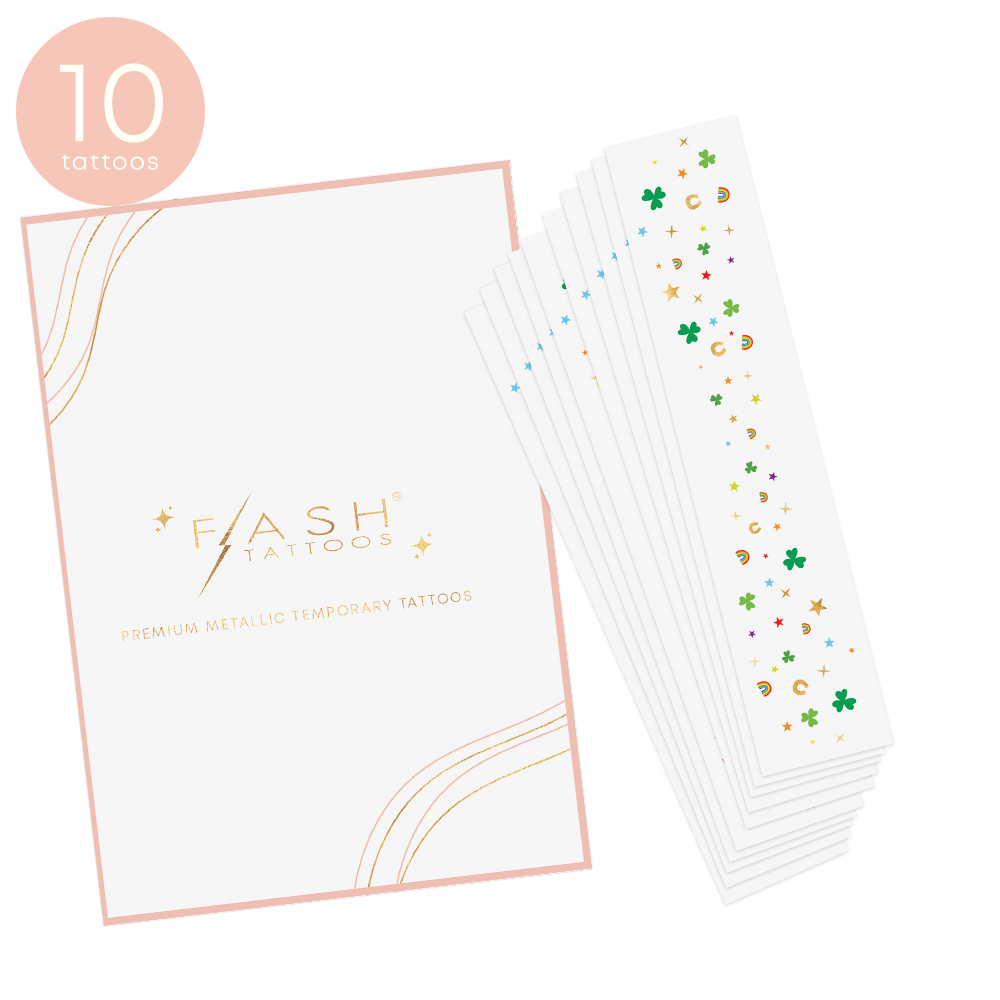 Packaging of Flash Tattoos with a sheet of temporary tattoos on a white background featuring 10 St. Patrick's Day inspired metallic freckle tattoos.