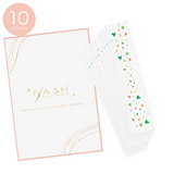 Packaging of Flash Tattoos with a sheet of temporary tattoos on a white background featuring 10 St. Patrick's Day inspired metallic freckle tattoos.