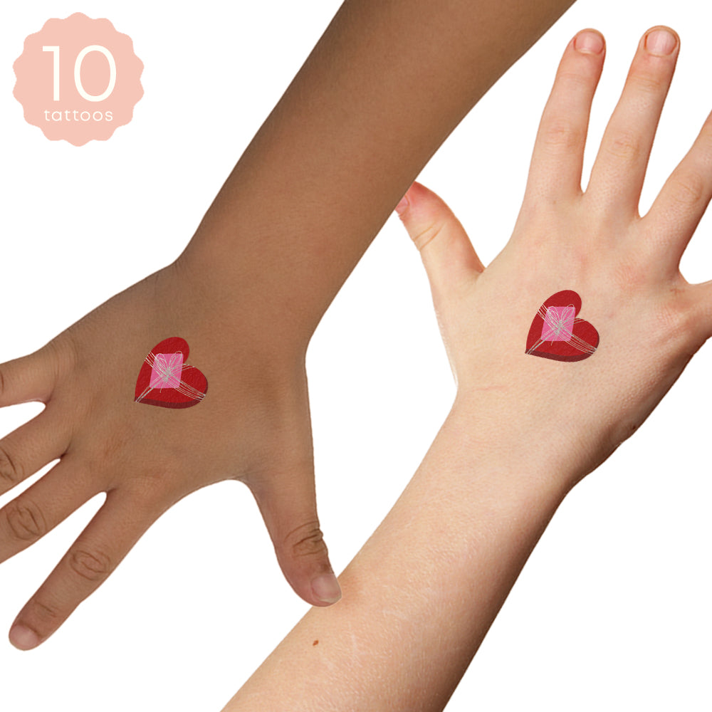 Set of 10 kids Valentines Day heart shaped Chocolate Box temporary tattoos