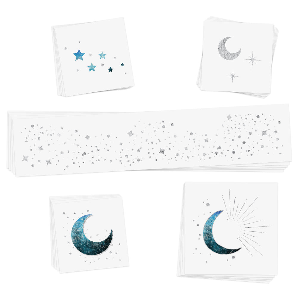 Adorn your cheeks in celestial sparkle with the Moonlight Variety set featuring 25 assorted silver and blue temporary face tattoos! @FlashTattoos