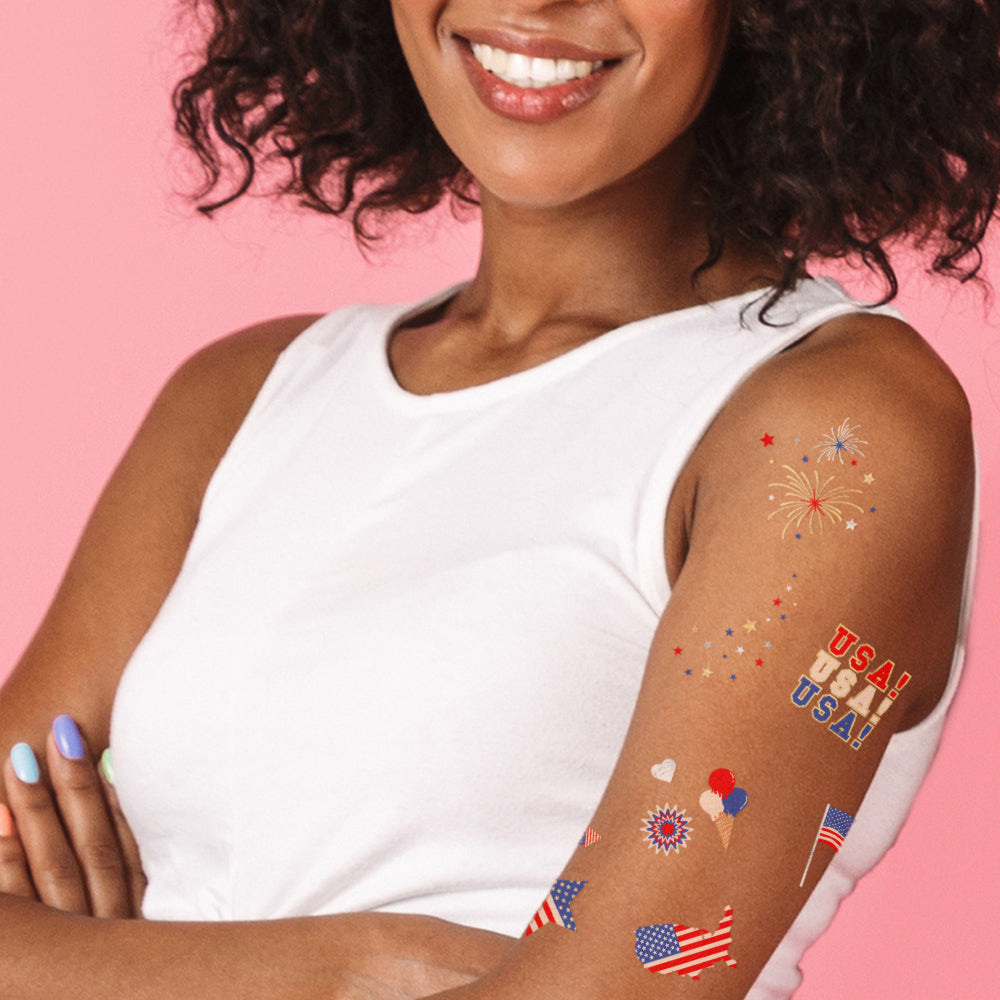 Sparkle in Flash Tattoos USA pack featuring fireworks, American flag, hearts, stars and more!