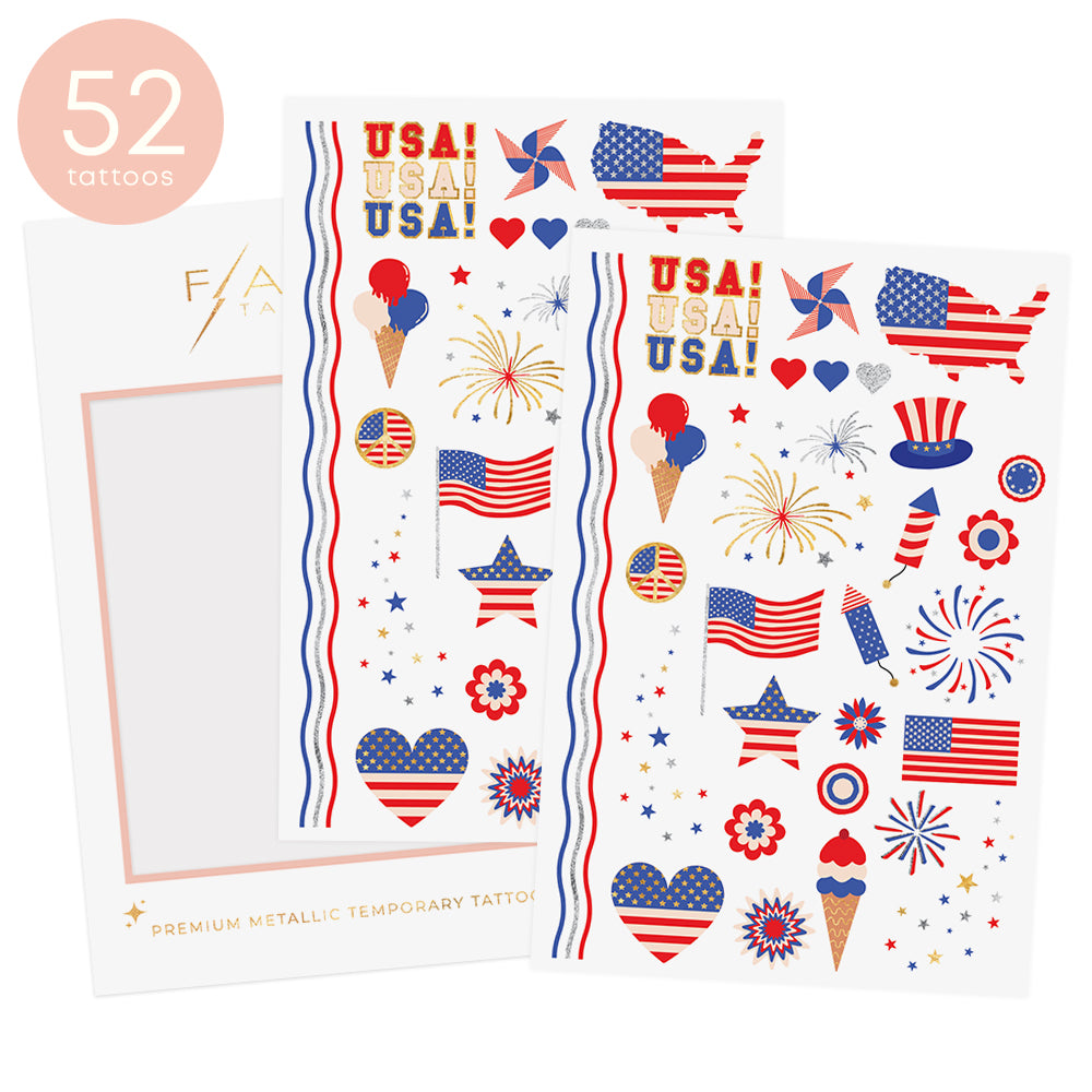 Shine bright in the American spirit inspired USA pack with 52 red white and blue tattoo designs. #FLASHTAT @FlashTattoos