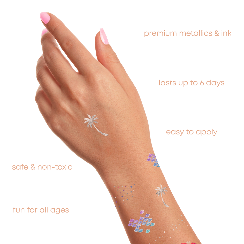 Flash Tattoos are made with premium metallic foils and inks, last up to six day and are easy to apply!
