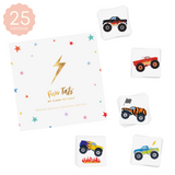 Set of monster truck-themed individual temporary kids tattoos with 'Fun Tats' packaging on a white background
