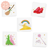 Set of metallic temporary tattoos featuring a witch hat and broom, rainbow over a yellow brick road, red ruby slippers, pink and evil witches, and a princess wand.