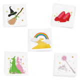 Set of metallic temporary tattoos featuring a witch hat and broom, rainbow over a yellow brick road, red ruby slippers, pink and evil witches, and a princess wand.