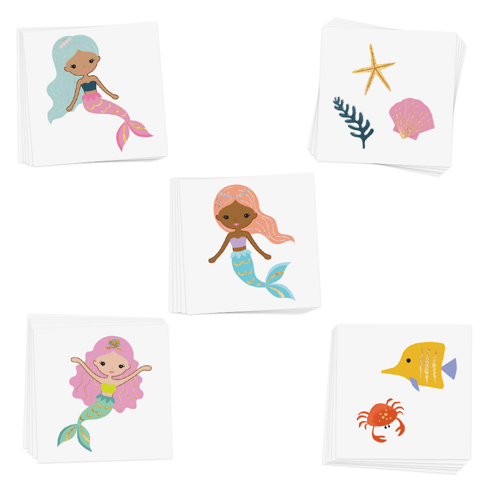 Sparkle and shine in the under the sea inspired 'Mermaid Lagoon Variety Set' featuring 25 assorted colorful kids tattoos!