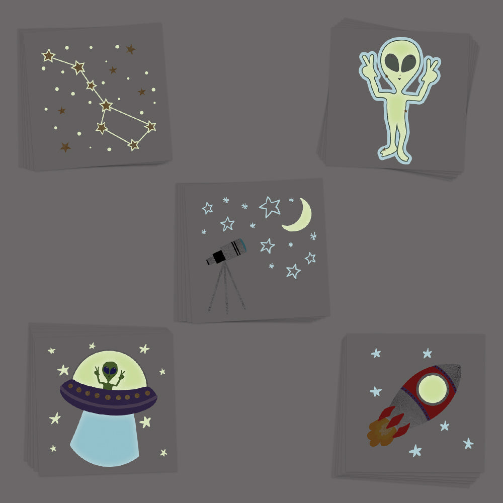 The limited edition glowing alien encounter kids temporary tattoo set features 5 assorted designs. 