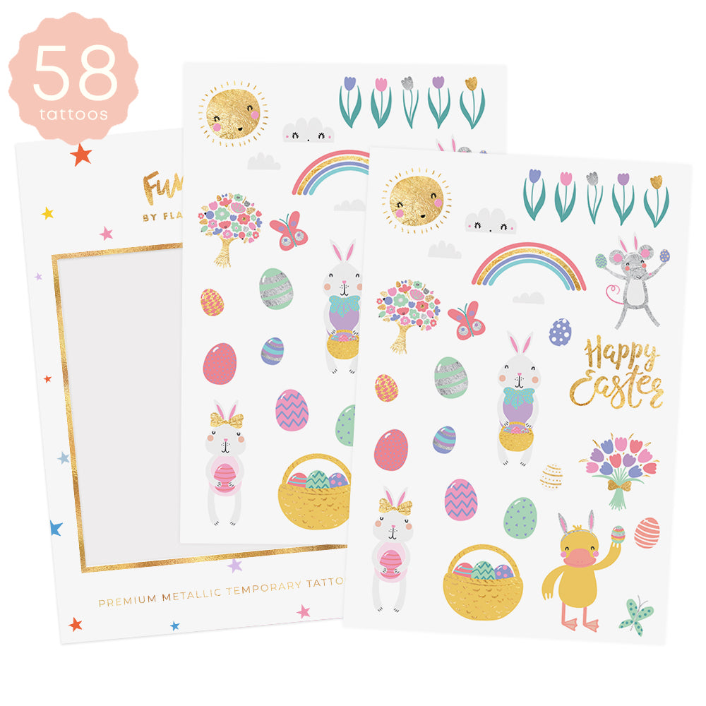 Sparkle in the two sheet Easter kids temporary tattoo pack. 58 temporary kids tattoo stickers @FlashTattoos