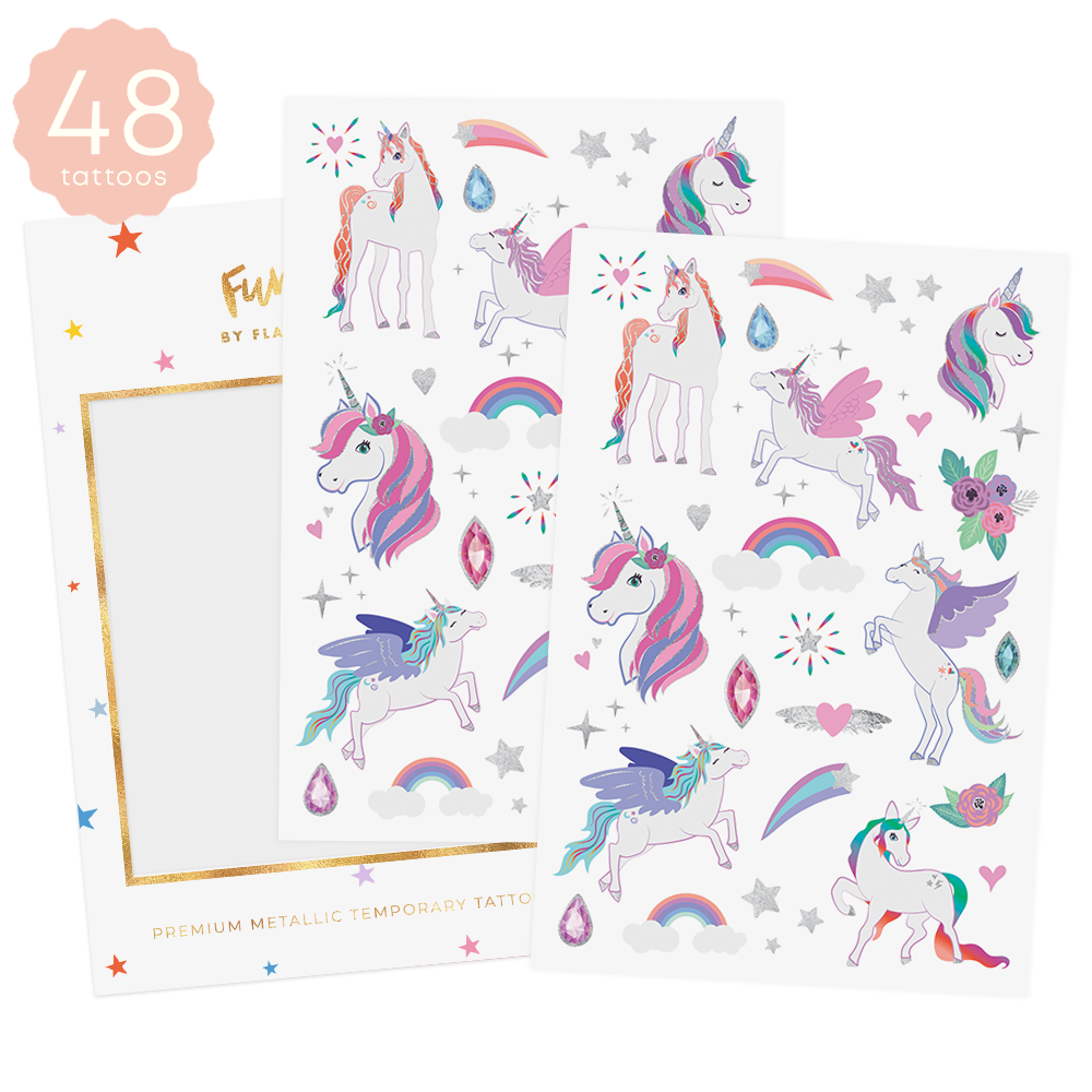 Sparkle in the two sheet Unicorn kids temporary tattoo pack. 48 temporary kids tattoo pony stickers @FlashTattoos