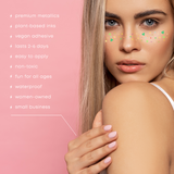 Woman with Irish inspired Shamrock temporary Flash Tattoos on a pink background with product features listed.