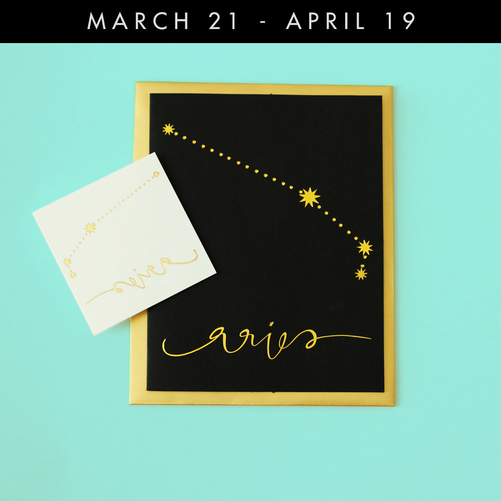 ARIES- Adventurous. Courageous. Confident. Each zodiac greeting card comes with a metallic gold constellation by Flash Tattoos – shine on! #flashtat @FlashTattoos
