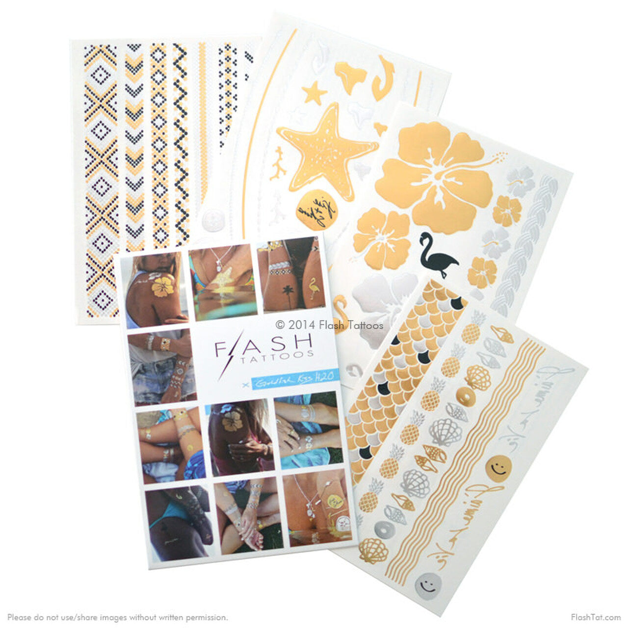 The Goldfish Kiss H20 pack includes 4-sheets with over 40 metallic tropical beachy inspired designs. #FLASHTAT @FlashTattoos