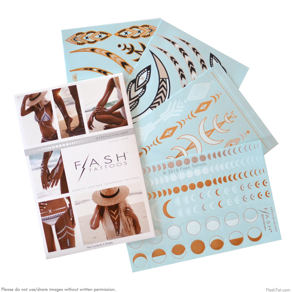 The Lunar Love pack includes 4-sheets with over 38 metallic boho geometric designs. #FLASHTAT @FlashTattoos