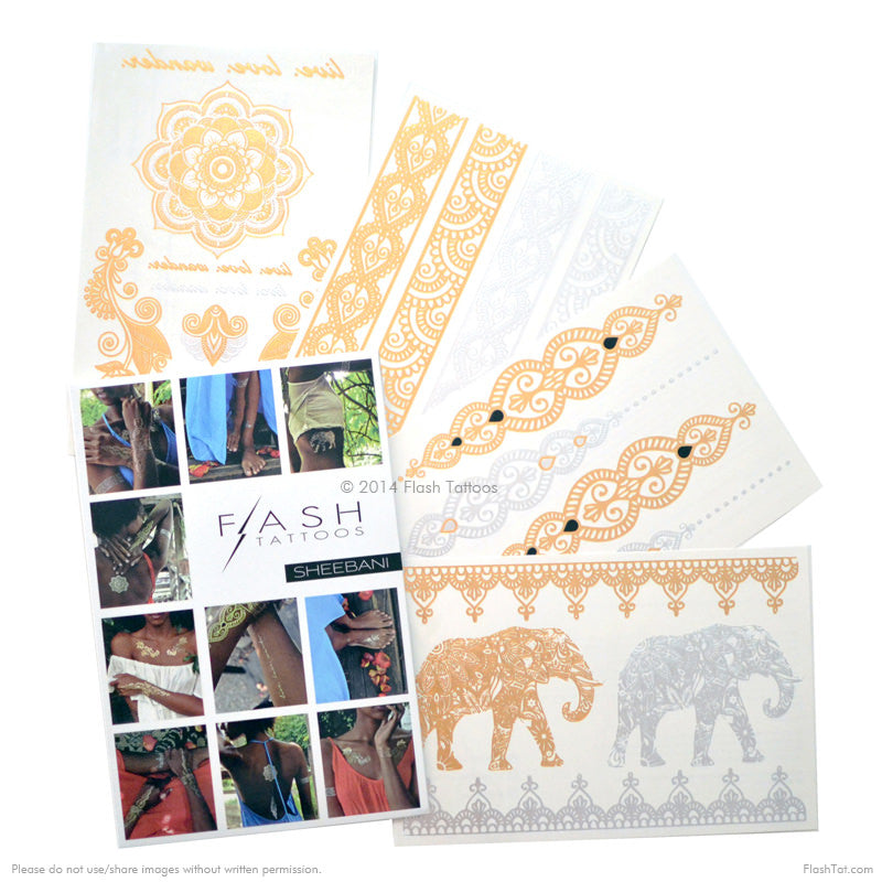 Go boho in the Sheebani collection by Flash Tattoos X Miracle Foundation! Each pack contains four sheets featuring over 19 henna inspired designs!