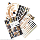Be bold in the metallic mix of gold, silver and black designs from the Nikki collection. Each pack contains four sheets of over 31 rocker-inspired tattoos!