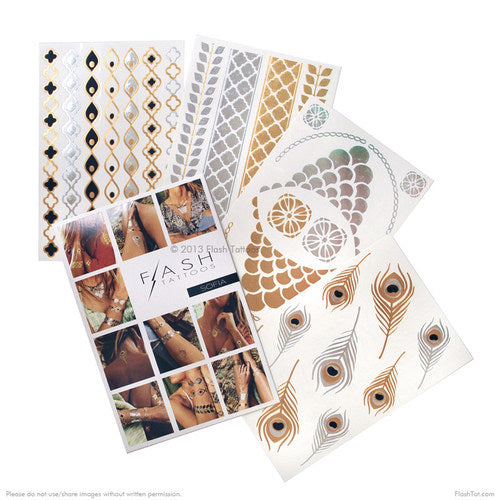 The Sofia pack features four sheets of assorted jewelry and feather tattoo designs