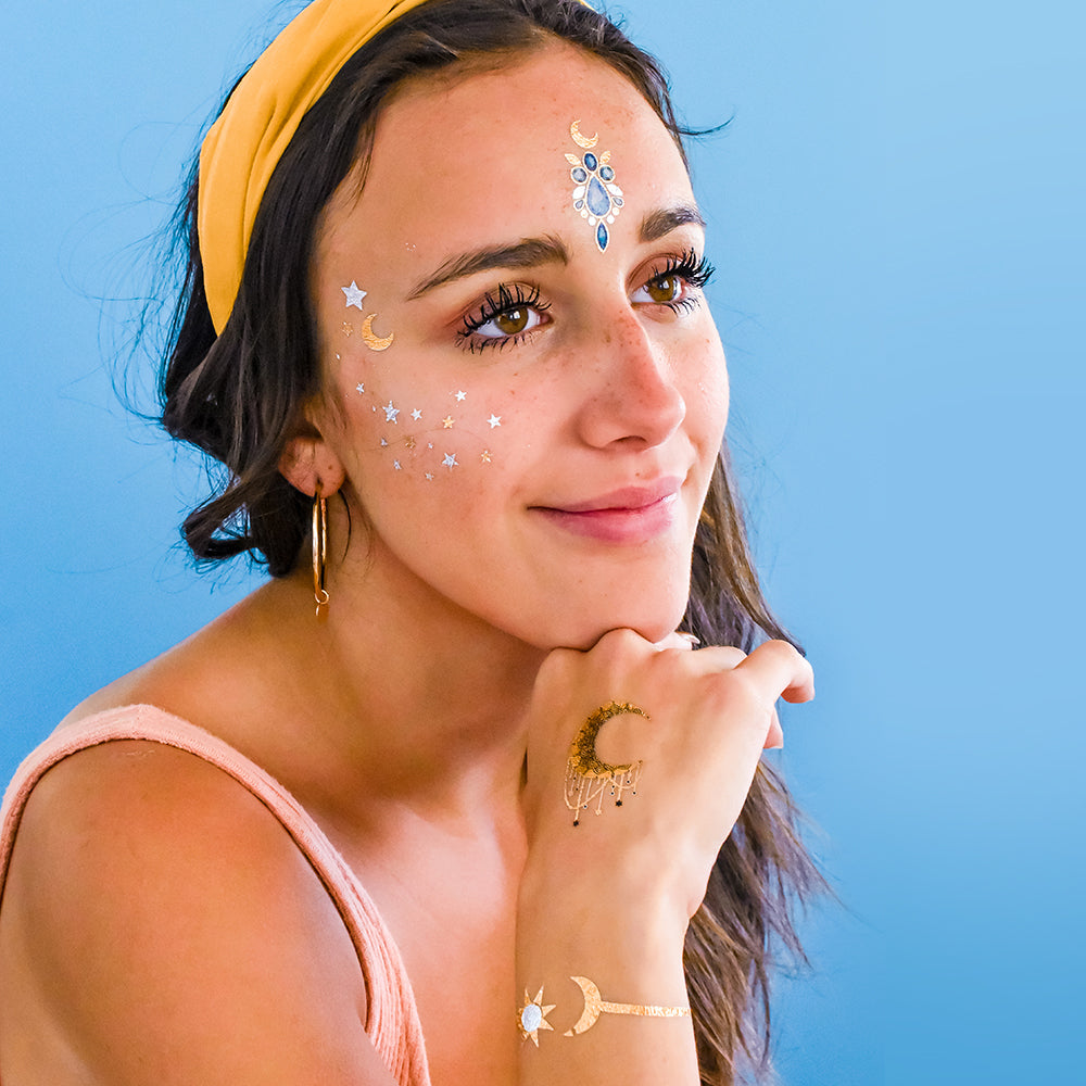 Celestial inspired metallic temporary tattoos for festivals and concerts